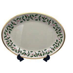 Lenox Holiday Dimension Collection 13" Oval Platter Gold Trim Holly & Berry USA